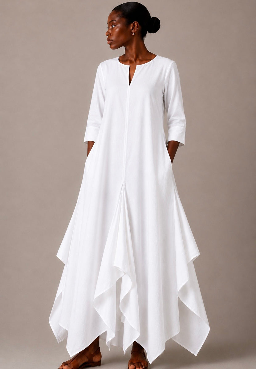 Sleeved Handkerchief Dress | White Cotton Maxi Dress