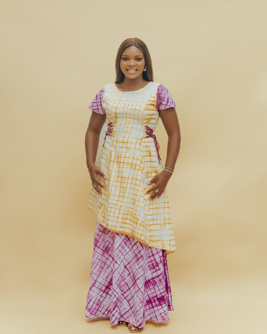 The Adire Layered Maxi dress with Purple sleeves