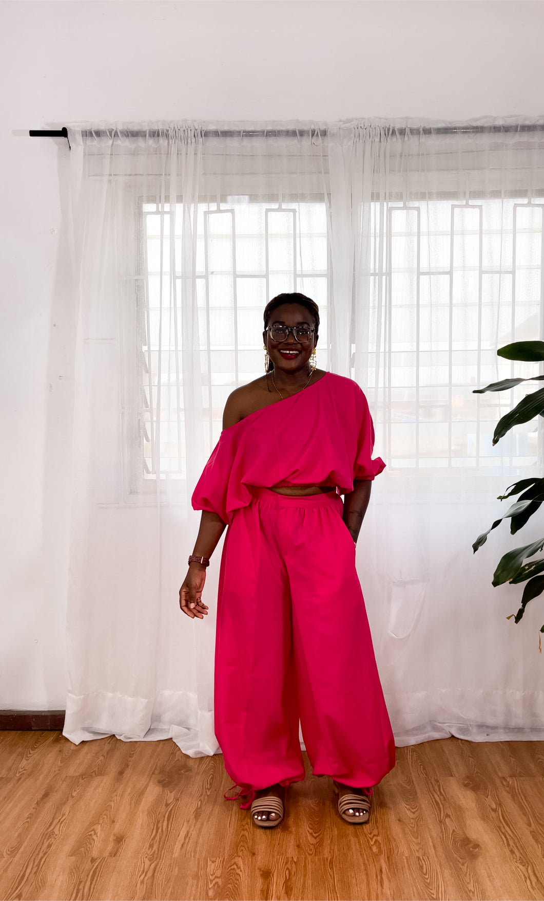 Pink Off shoulder Bubble Pant Set