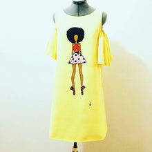 Load image into Gallery viewer, Yellow cold shoulder hand painted shift dress